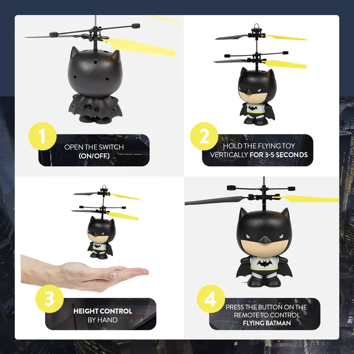 Figurine volante Batman 3,5 pouces sous licence DC Hélicoptère à grosse tête UFO 