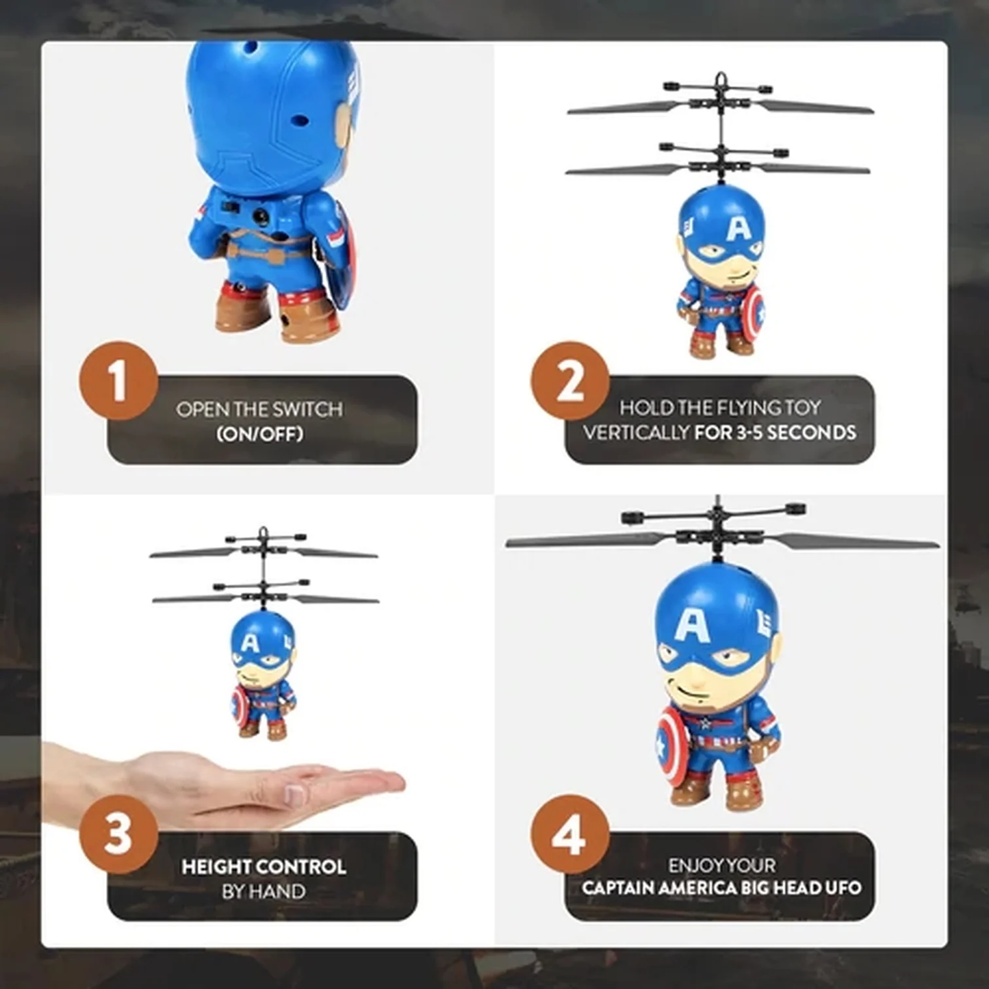 Marvel Licensed Captain America 3.5 Inch Flying Figure IR UFO Big Head Helicopter